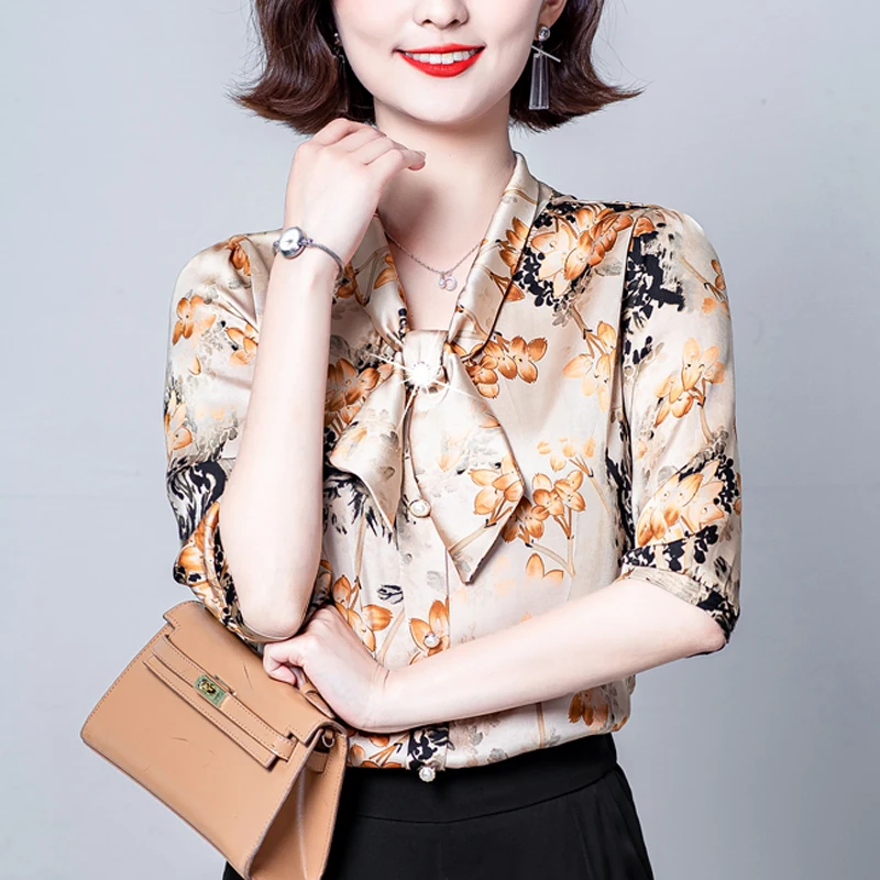 

Женская атласная блузка с цветочным принтом, с перекрестной лентой