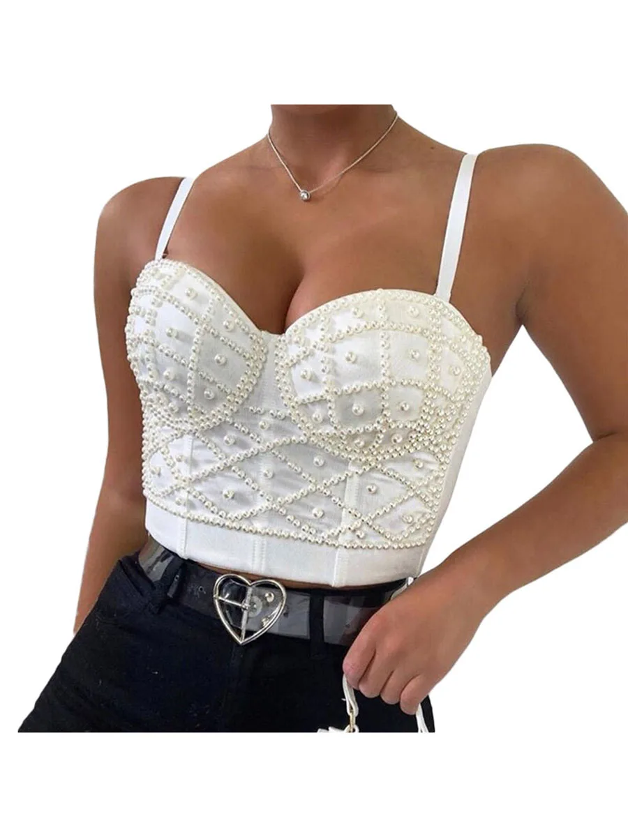 

Женские майки с украшением из жемчуга, регулируемая съемная силиконовая сборка, летняя одежда