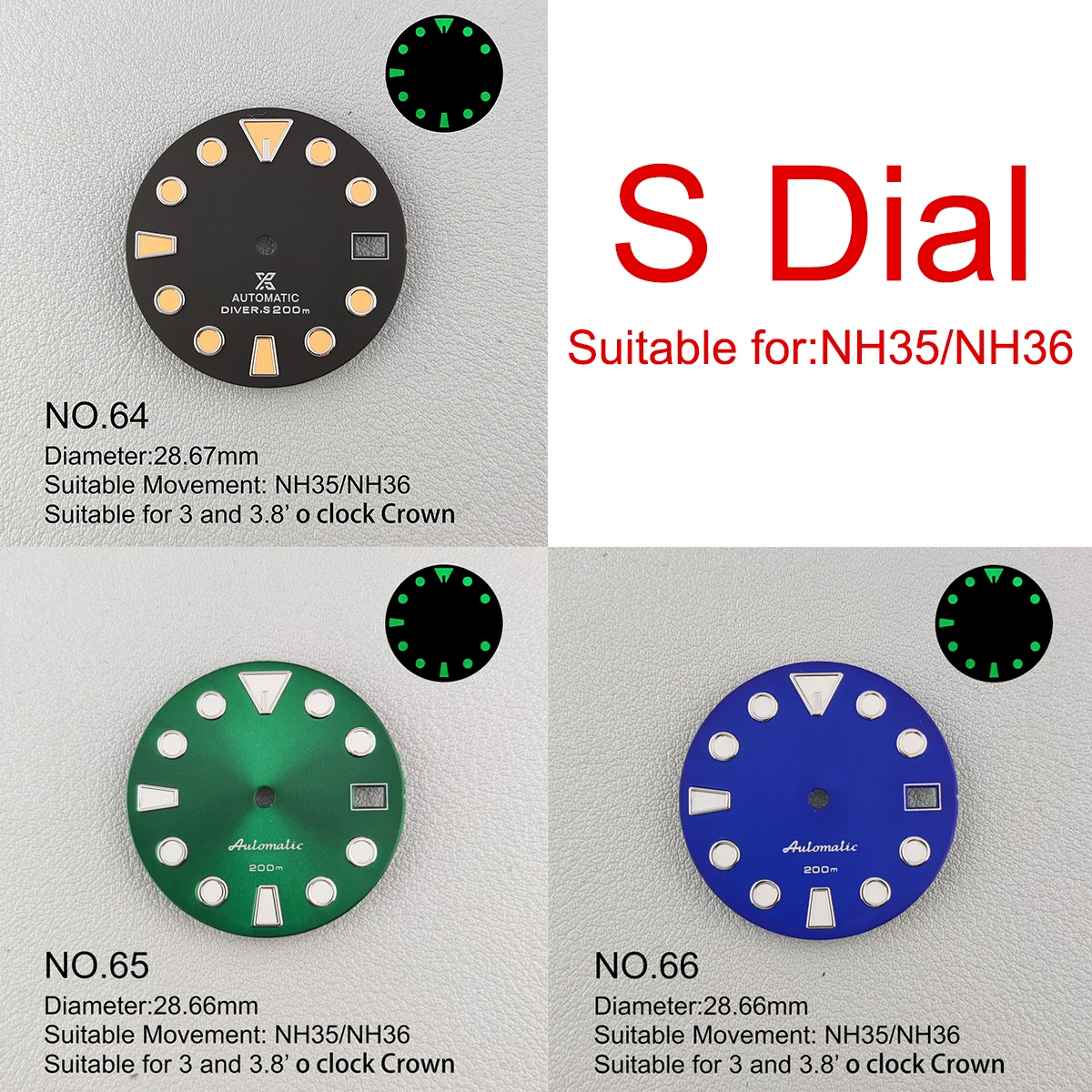 

NH35 Watch Parts 28.5mm/29mm Green Luminous C3 Watch Mod Dial For NH35/Nh36 Automatic Movement With S Logo Watch Accessories