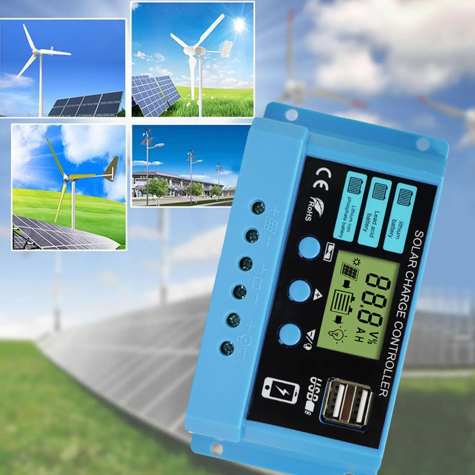 MPPT Solar Charge Controller PWM Panel 10A 20A 30A Power Regulator 12V 24V Auto Dual USB LCD Display