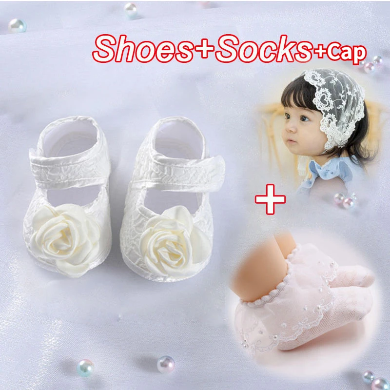 

Baby Shoes for Girl Crib Shoes with White Peal Socks and Cap Newborn Flower Flats Soft Sole Infant First Birthday Shoe 0-12M