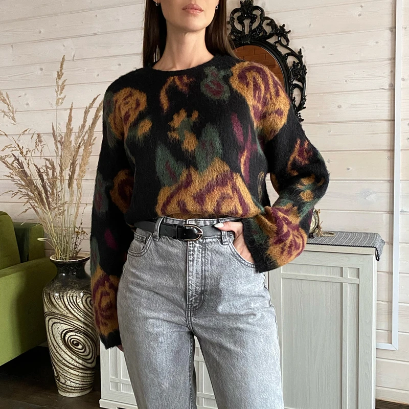 

Wool Sweater Fashion New Autumn Winter For Womens 2022 Mohair Flower Retro Keep Warm Sweaters Loose Pullovers Print Vintage Tops
