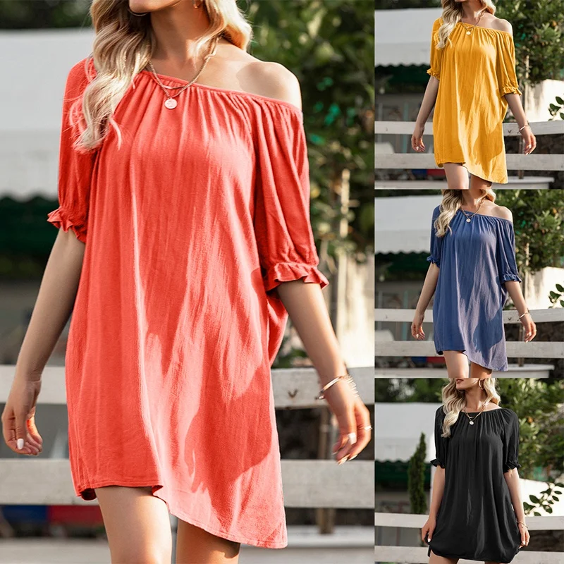 

Summer Round Neck Tie Knot Open Back Ruffle Short Sleeve Loose Casual Dress Loose Mini Dress