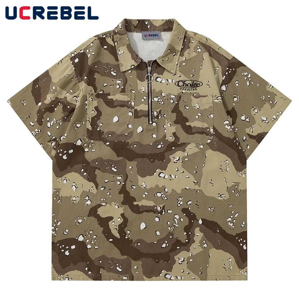 

Camouflage Short Sleeve Polo Shirt Mens Summer Streetwear Pocket Casual Lapel Top High Street Letter Loose Half-Sleeve Tee Men