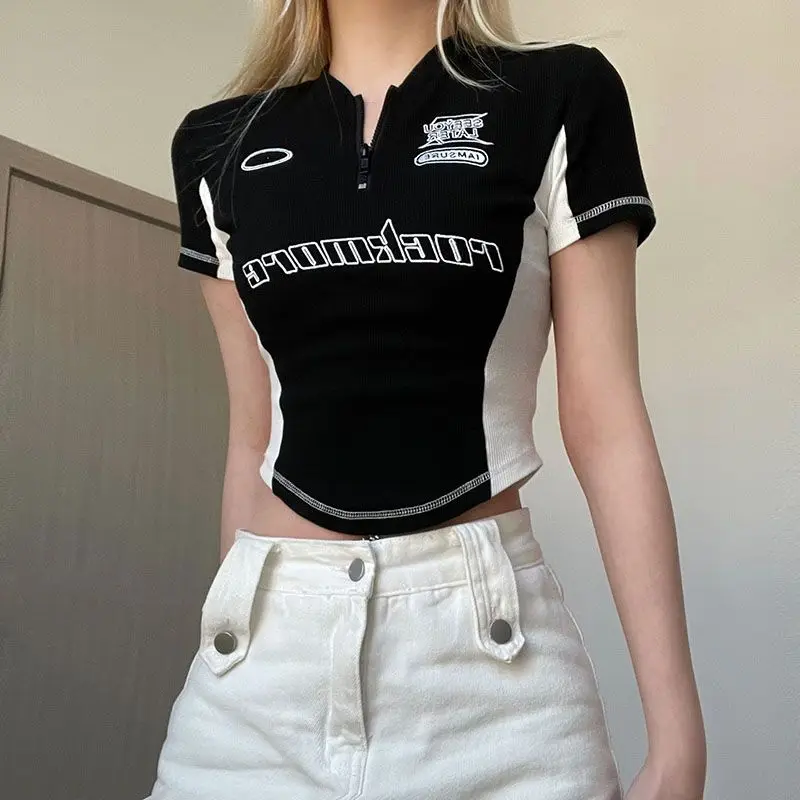 

Functional Wind Zipper Color Patchwork T-shirt Women's Short-sleeved Shoulder Slimming Top