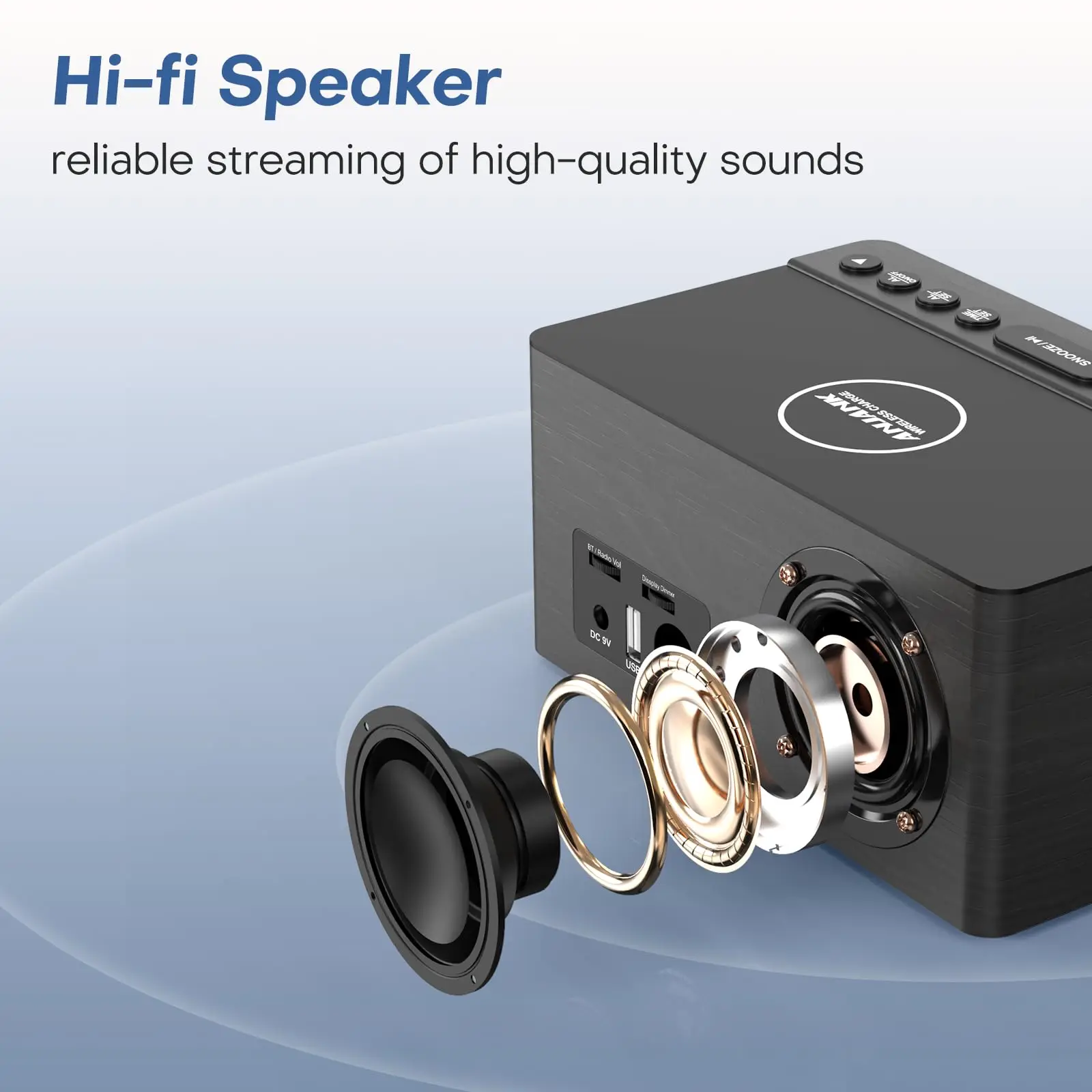 ANJANK деревянный Bluetooth-динамик-будильник с FM-радио