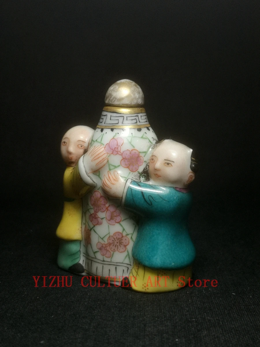 

YIZHU CULTUER ART Signature Ancient Collection China Famille rose Porcelain lovely Two Boy Snuff Bottle Family Decoration Gift