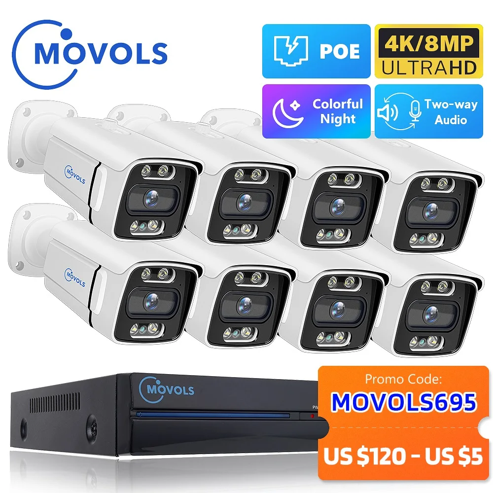 מערכת מצלמות אבטחה MOVOLS 8CH 5MP 8MP POE עם שמע דו כיווני 8MP NVR ערכת מצלמות CCTV חיצוניות IP H.265 P2P מערכת צילום וידאו
