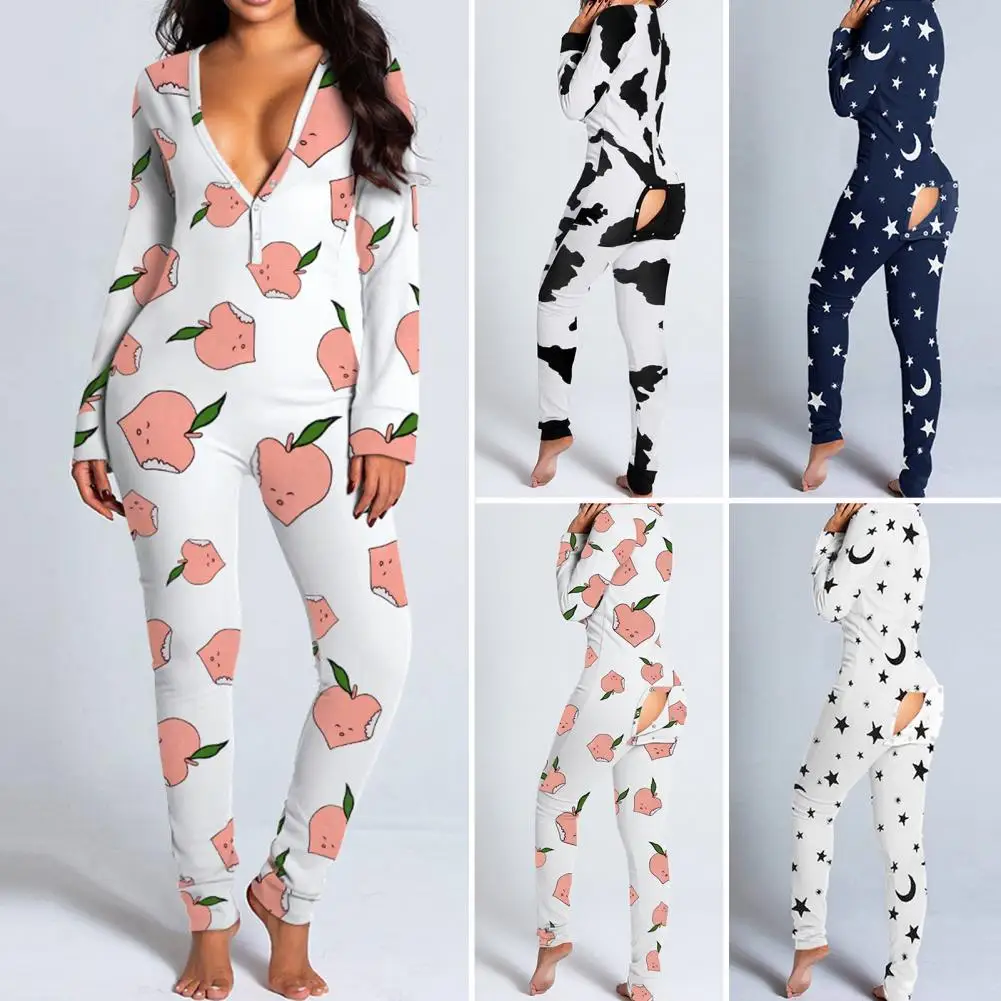 

Женский комбинезон для сна на пуговицах, Мягкий комбинезон с глубоким вырезом и персиковым принтом