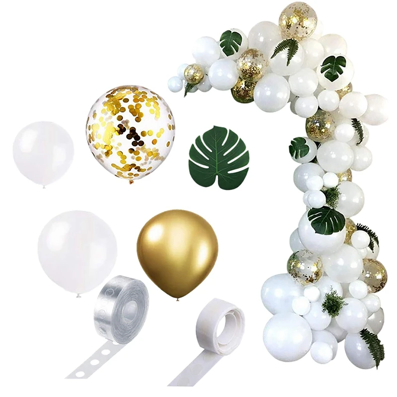 

98Pcs Balloon Garland Arch Kit White Gold Confetti Balloons Artificial Palm Leaves Birthday Party Wedding Decorations