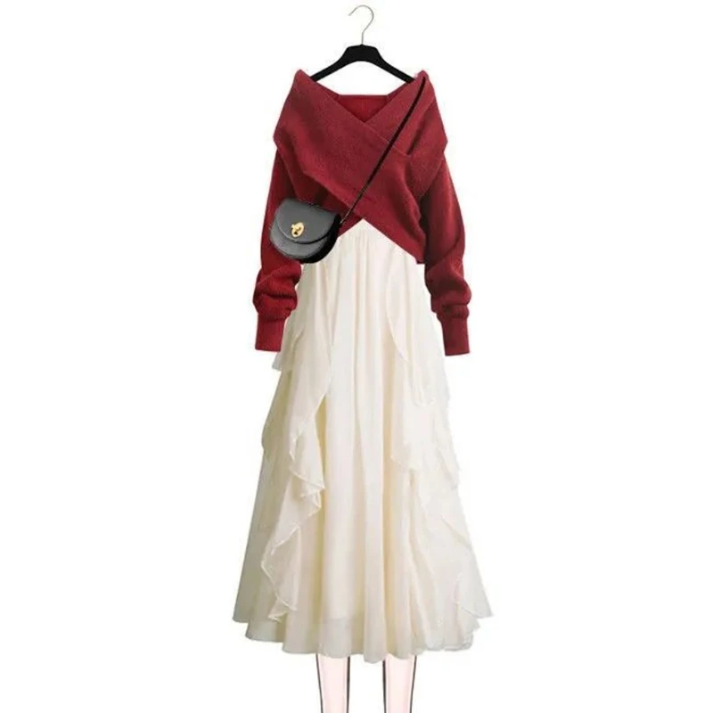 

Fashion Women Dress Suit Autumn Slim Long Sleeve Long Dresses V-neck Knit Sweater Dress Two-piece Suit Elegant Vestidos Clothes