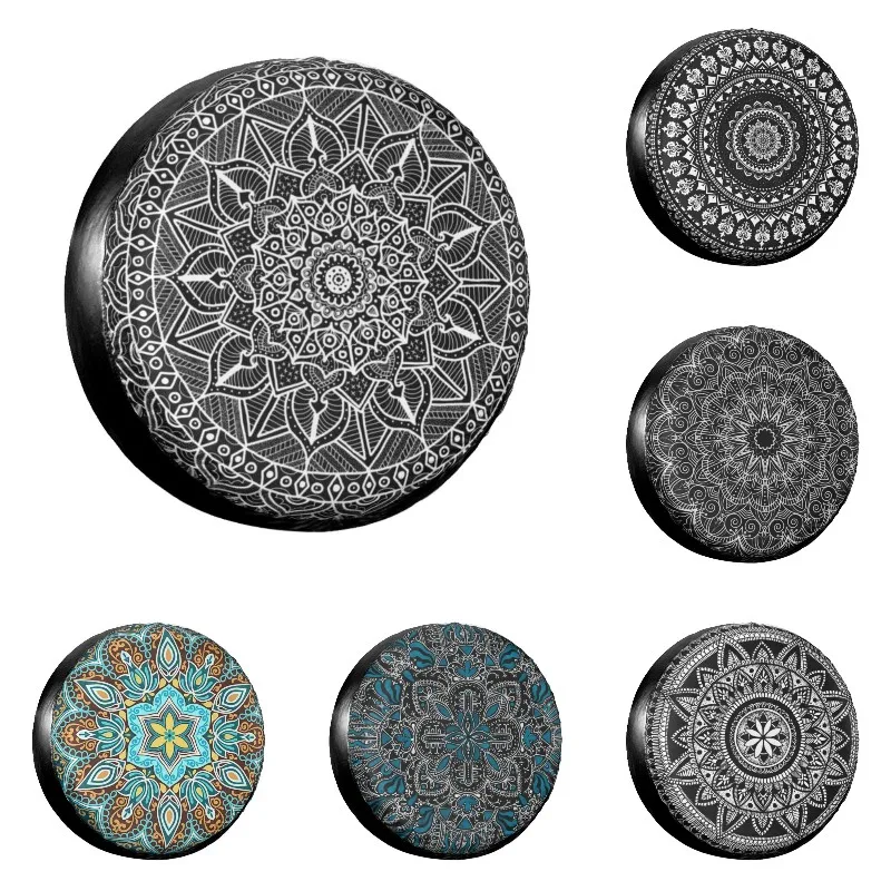 

Contrast Circle Of Life Mandala Spare Tire Cover Case for Jeep Boho Floral Car Wheel Protectors Accessories 14" 15" 16" 17" Inch