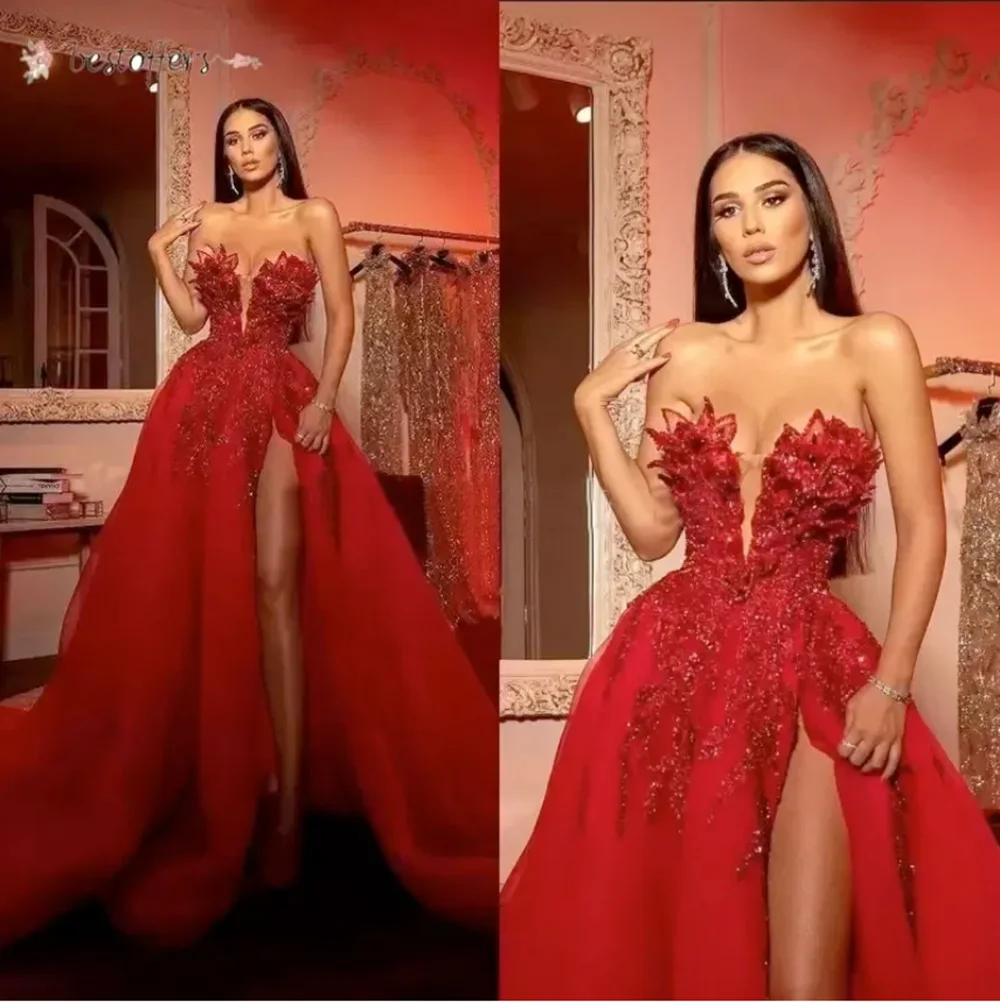 

New Red A Line Prom Party Gown Strapless Floor-Length Sweep Train Crystal Beaded Applique Tulle long Backless Thigh-High Slits