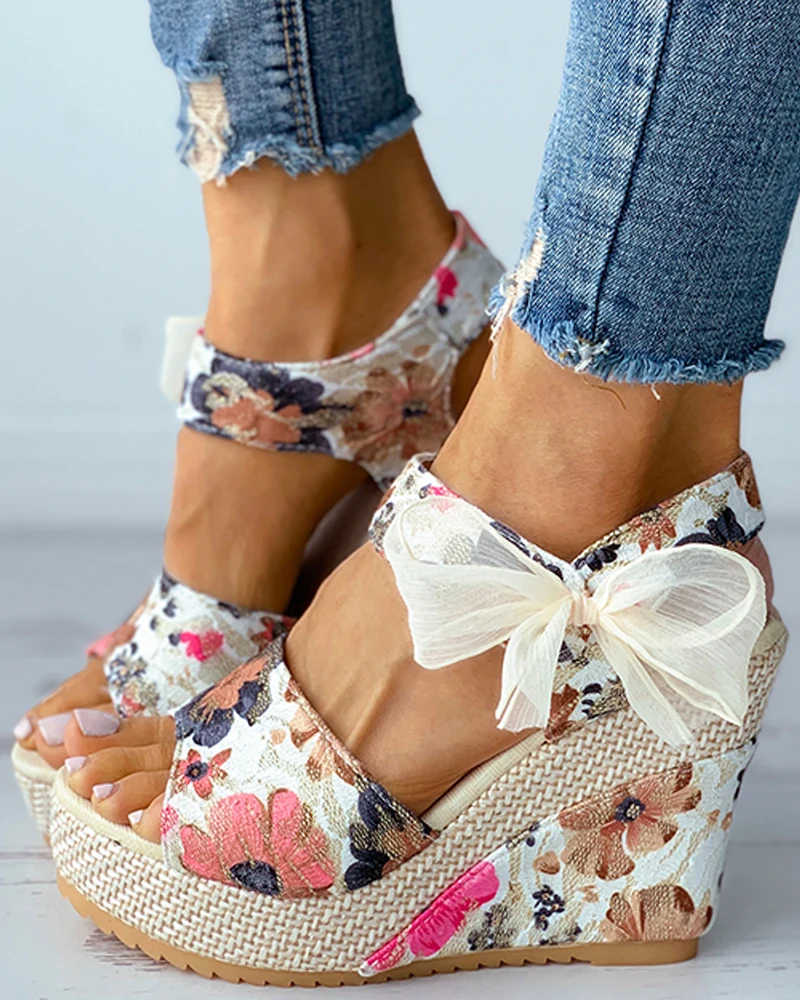 Women Fashion Summer Casual Daily Wear Shoes Floral Pattern Print Bowknot Decor Espadrille Wedge Sandals