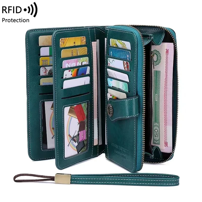 New European and American Fashion RFID Antimagnetic Long Leather Multi Card Large Capacity Hand Held Zipper Lady Purse