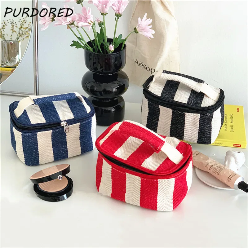 

PURDORED 1 Pc Women Striped Makeup Bag Zipper Travel Cosmetic Bag Pouch Large Female Make Up Pouch Handbag Necessaries