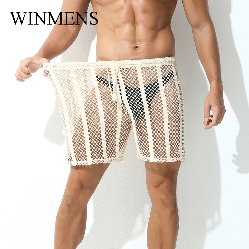 Summer Fishnet Transparent Men's Middle Pants Super Elastic See Through Youth Long Boxer Shorts Cut-outs Breathable Underwear