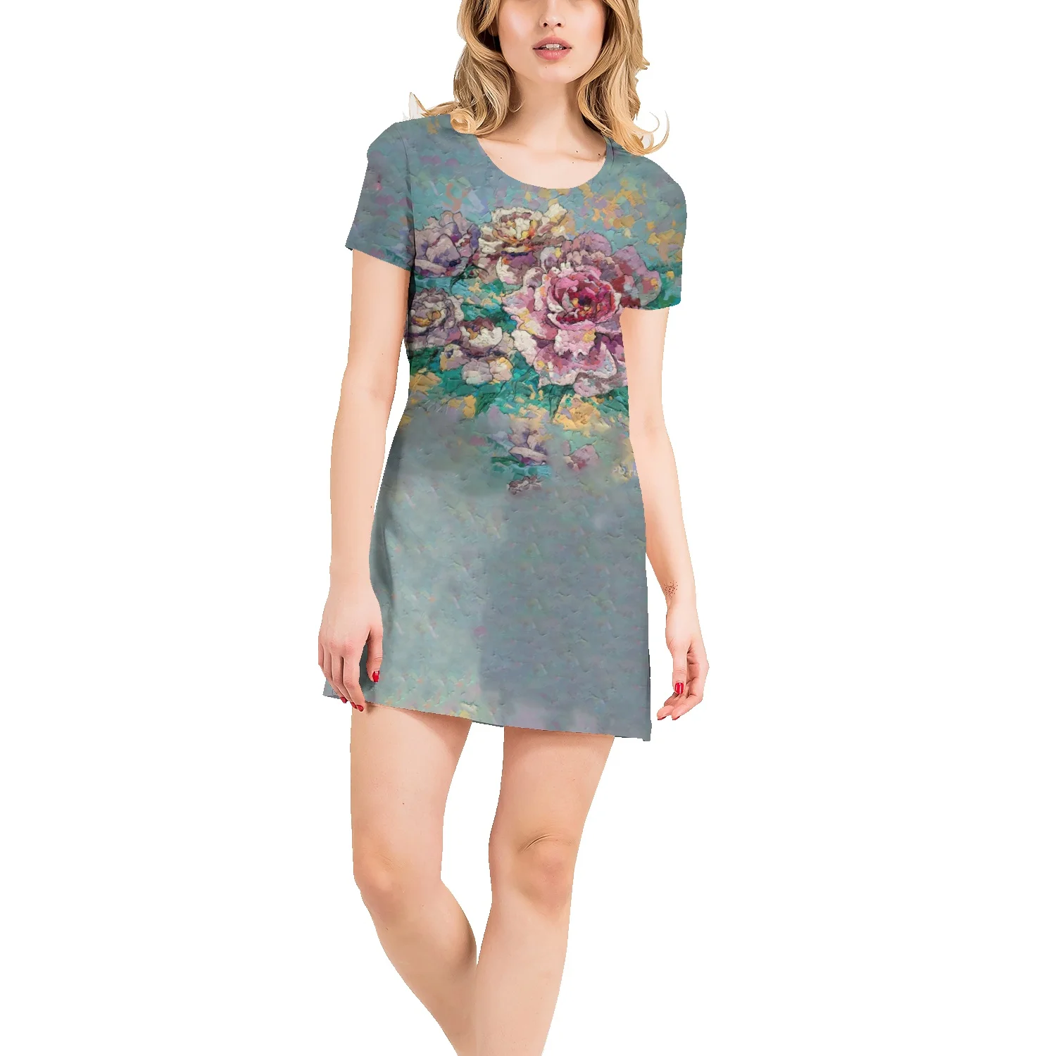 

European abstract landscape characters 3D printing t-shirt skirt summer trend mid-length round neck short-sleeved dress