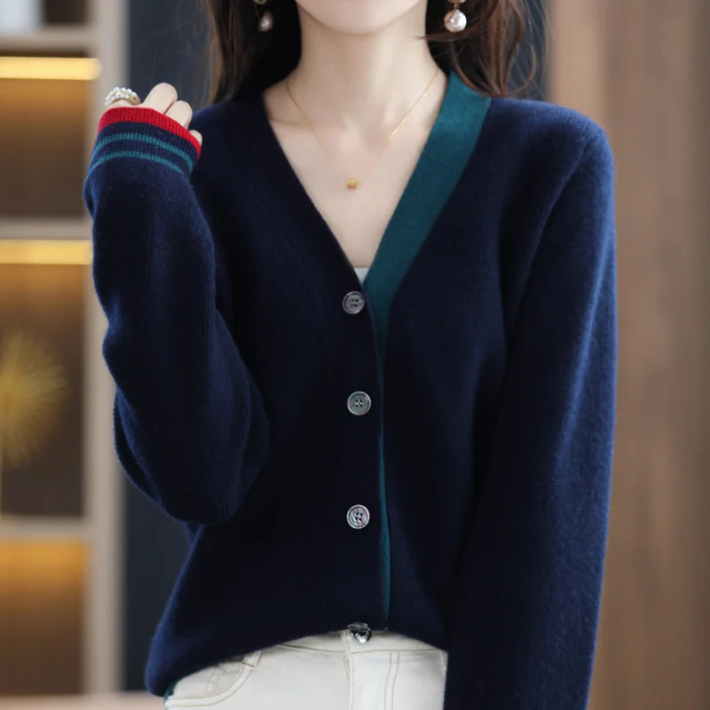 

#7454 Knitted Cardigan Women Single Breasted Slim Spliced Color V-neck Korean Style Cotton Womens Sweaters Coat Knitwear Loose