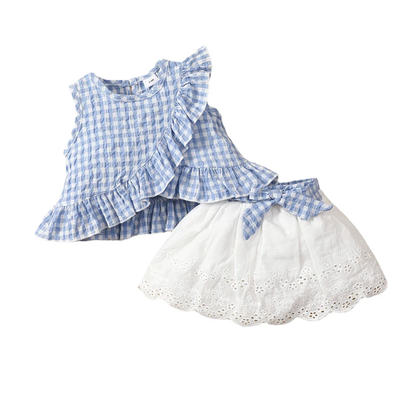 Summer Newborn Baby Girls Clothes Peplum Sleeveless Plaid Top Bow Embroidered Skirt Suit 3-24 Months