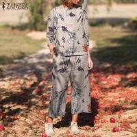 women bohemian printed matching sets zanzea casual 34 sleeve elastic waist pant sets 2022 spring floral holiday suits oversized