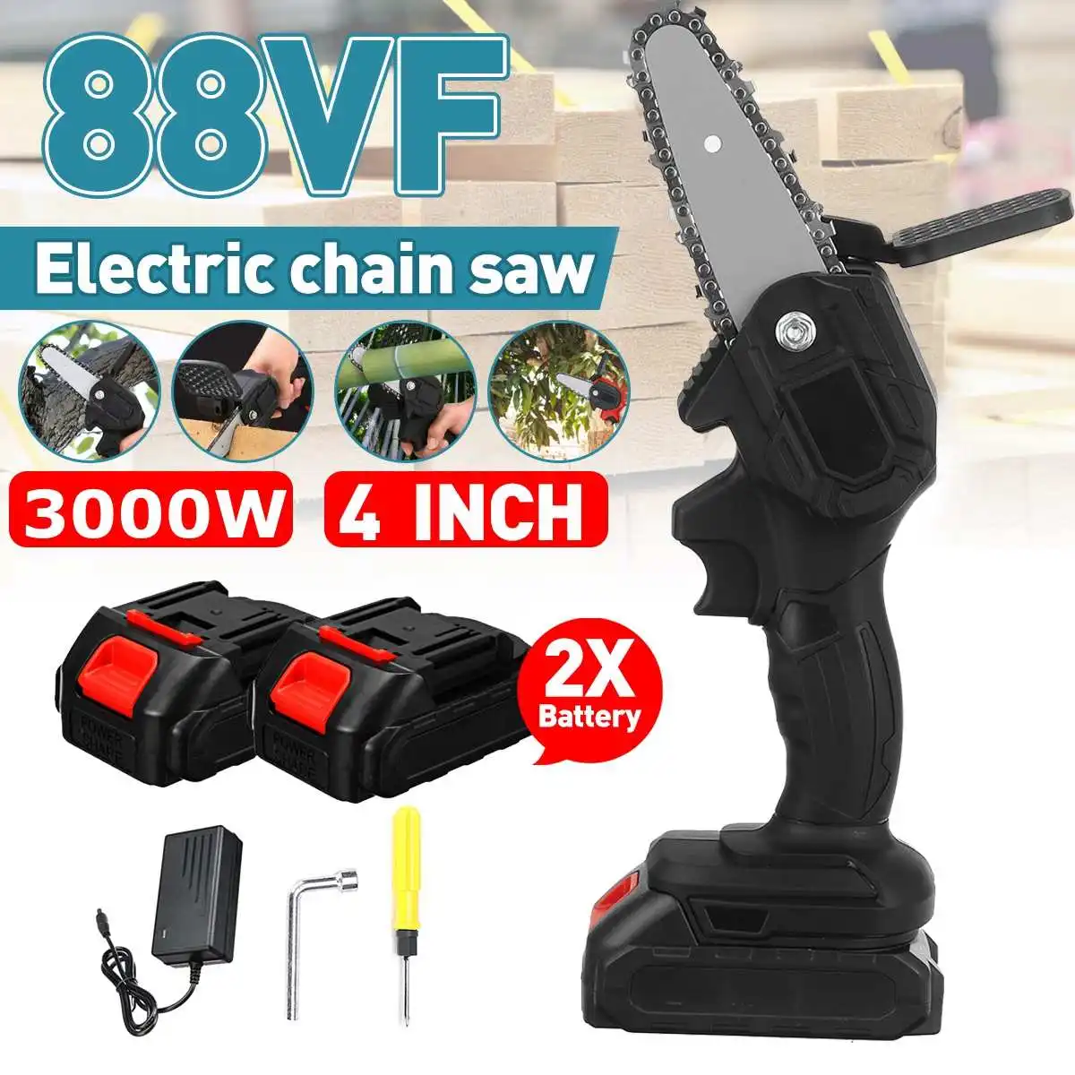 

3000W 4 inch Electric Chain Saws Wood Cutting Pruning ChainSaw Cordless Garden Tree Logging Trimming Saw for Makita Battery