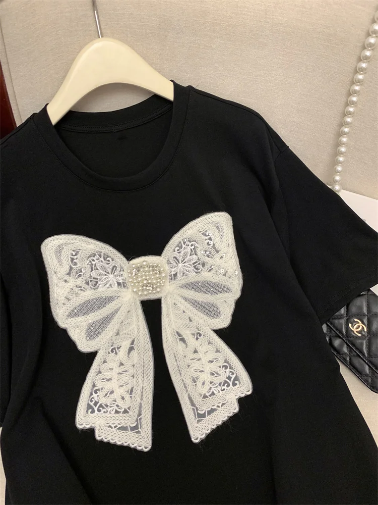 Женская футболка с коротким рукавом и бантом из натурального хлопка