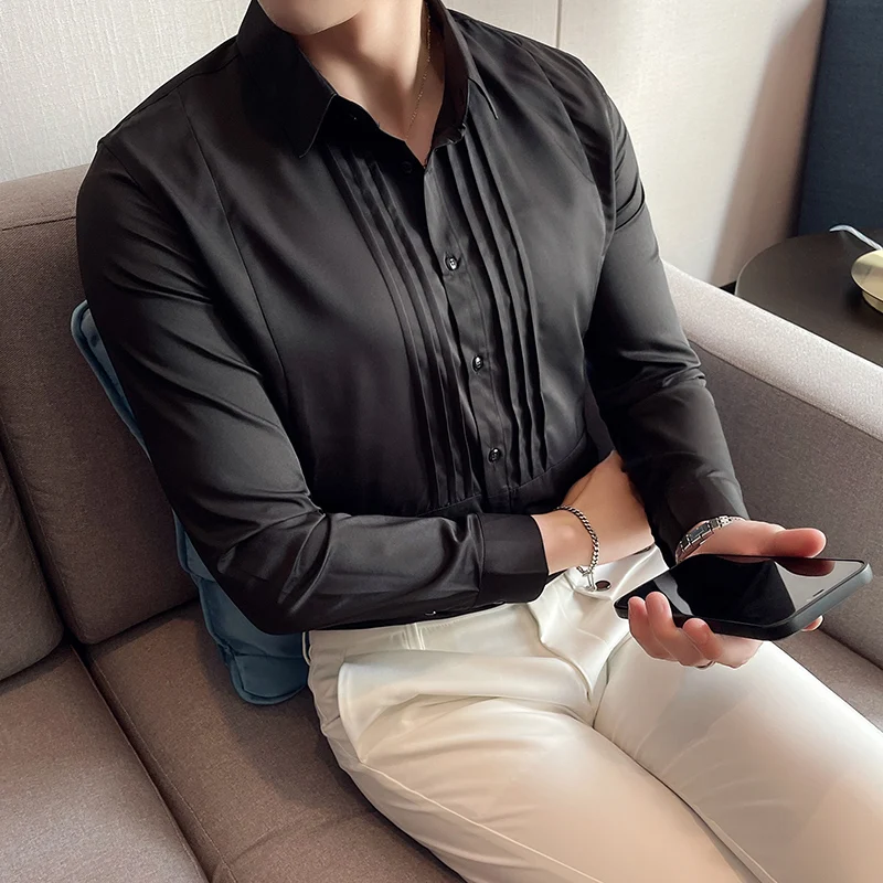 

Men Tuxedo Shirts Front Pleated Small Stand Collar Solid Long Sleeve Blouse Mens Gentleman Party Wedding Dress Slim Fit TOPS
