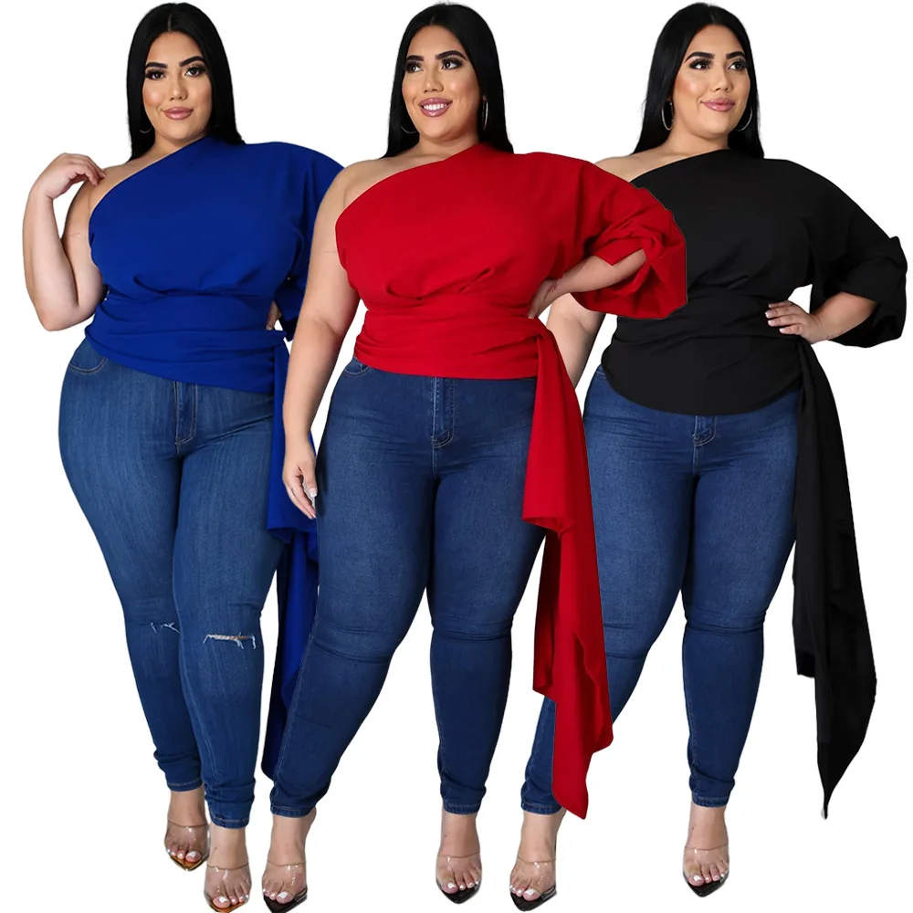 Plus Size Fashion Asymmetrical Top One Shoulder Puff Sleeve Tight Waist Lady Tees Casual Streetwear Matching Autumn Clothings