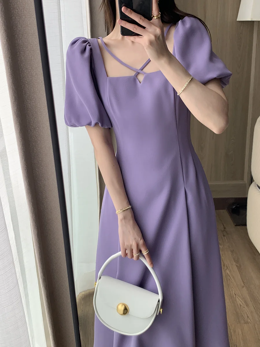 Purple Dress Women's 2023 Summer New Square Neck Bubble Sleeve French Slim and Gentle Style Long Dress