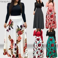 2022 summer new flower polka dot print color matching short sleeve dress women fashion round neck boho long dress femme robe