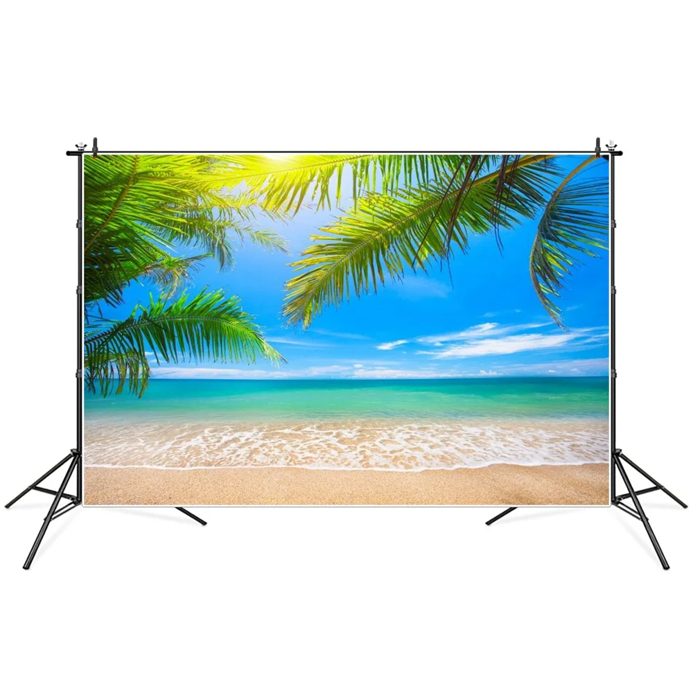 

Palm Trees Sand Beach Photography Backgrounds Blue Summer Seaside Tropical Waves Leaves Holiday Backdrops Photographic Portrait