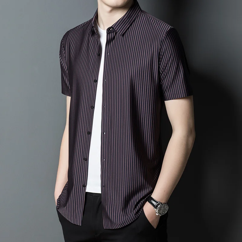 

Striped Short-Sleeved Shirt Spring and Summer Youth Ice Silk Thin Casual Business Sense Non-Ironing Ins Trendy Men