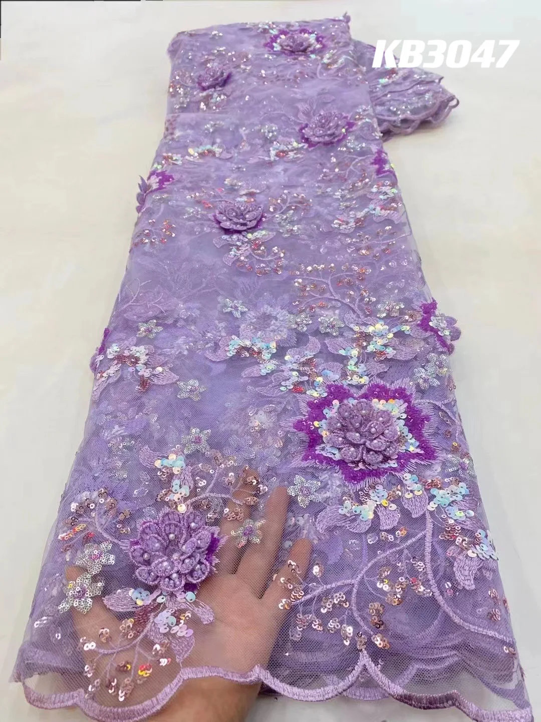 

Кружевная ткань из бисера, сиреневая 3d Цветочная ткань, кружево с жемчугом, Высококачественная кружевная ткань для свадьбы, кружево из 2023 бусин для шитья KB3047