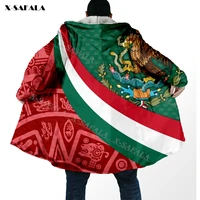 mexico coat of arms aztec patterns print hoodie long fur collar hooded blanket cloak quilted winter warm cotton cashmere fleece