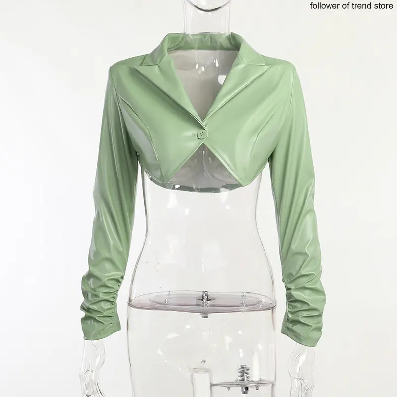 2022 Fashion Autumn Winter Pleated Long Sleeve Open Waist Short Sexy Women's Leather Top Coat Women's Leather Mini Short Top