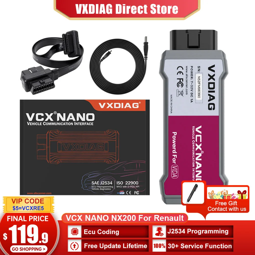 

VXDIAG VCX NANO NX200 For Renault Can clip Diagnostic Interface ECU Coding Programming J2534 Protocol All System Free Update