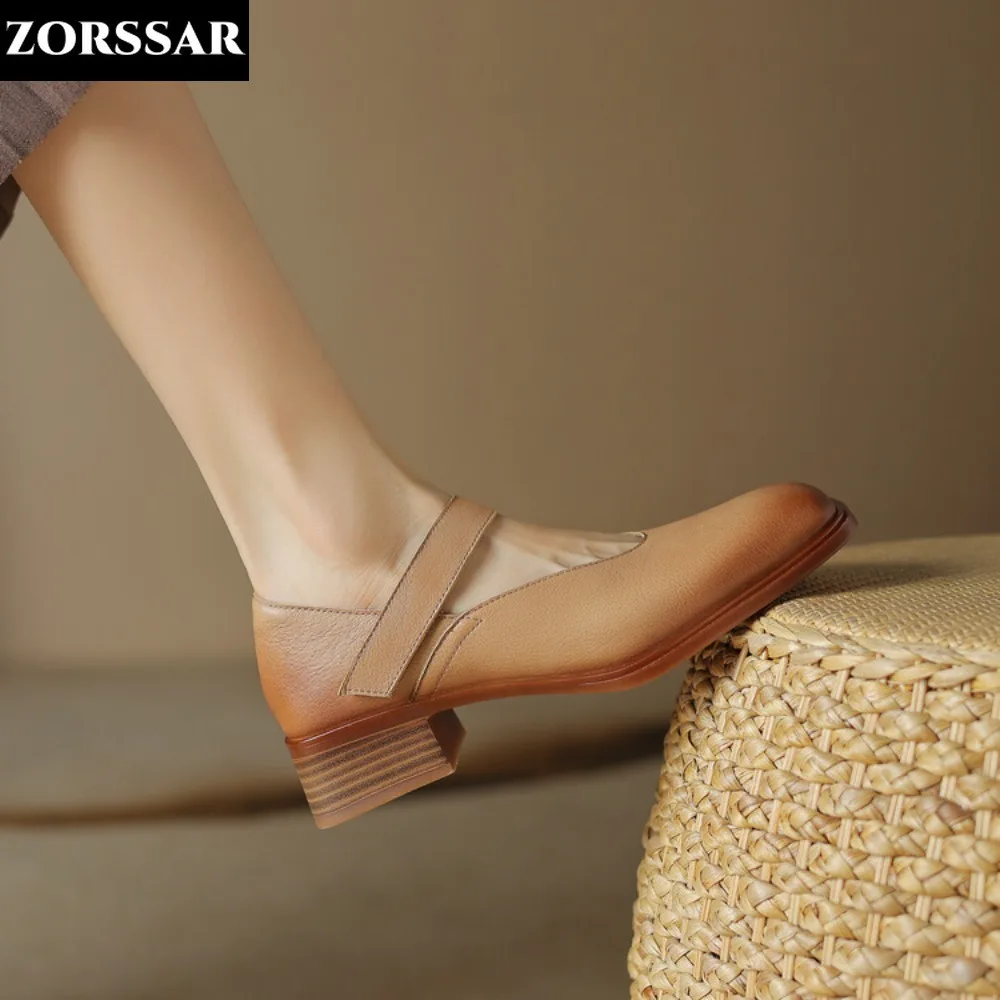 Kobiety Buty na wysokim obcasie Mary Janes Shoes Retro Genuine Leather Low Heel Pumps Buckle Square Toe Obuwie damskie Brown Rozmiar 34-41