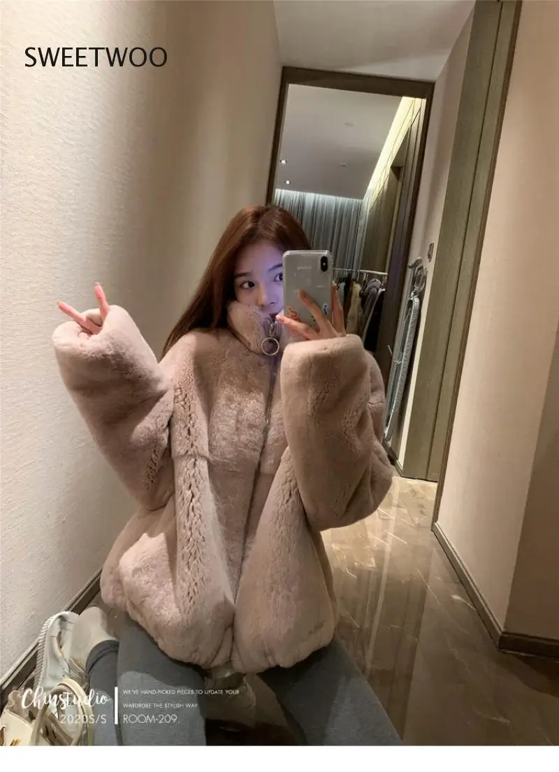 Cotton Jacket 2021 New Young Style Stand-Up Collar Imitation Rex Rabbit Fur Fashion Western Style Imitation Fur Coat Women Slim