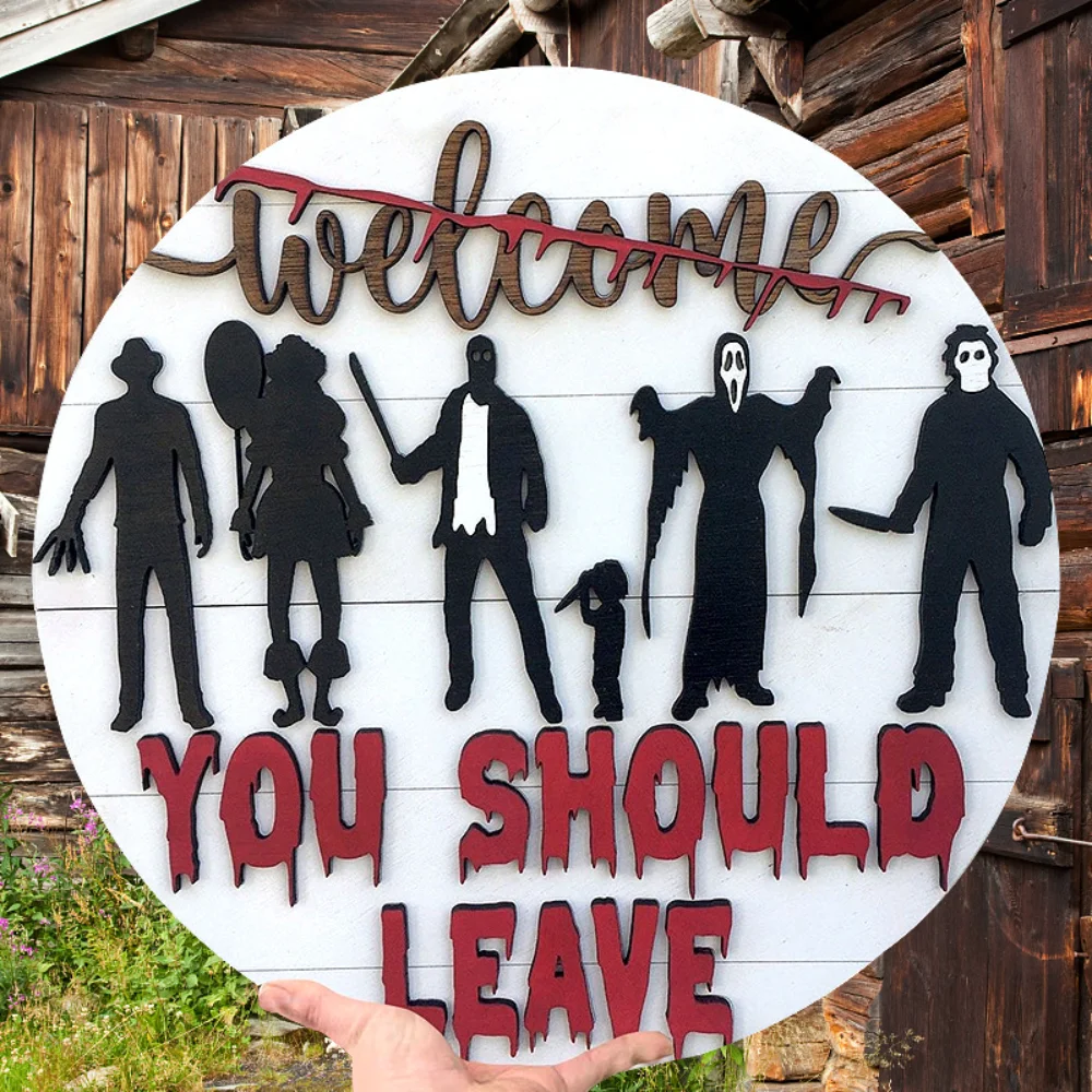 

1pc 30x30cm Round Wooden Horror Welcome Sign Halloween Horror Doorplate Halloween Decorative Hanging 3D Doorplate Party Supplies