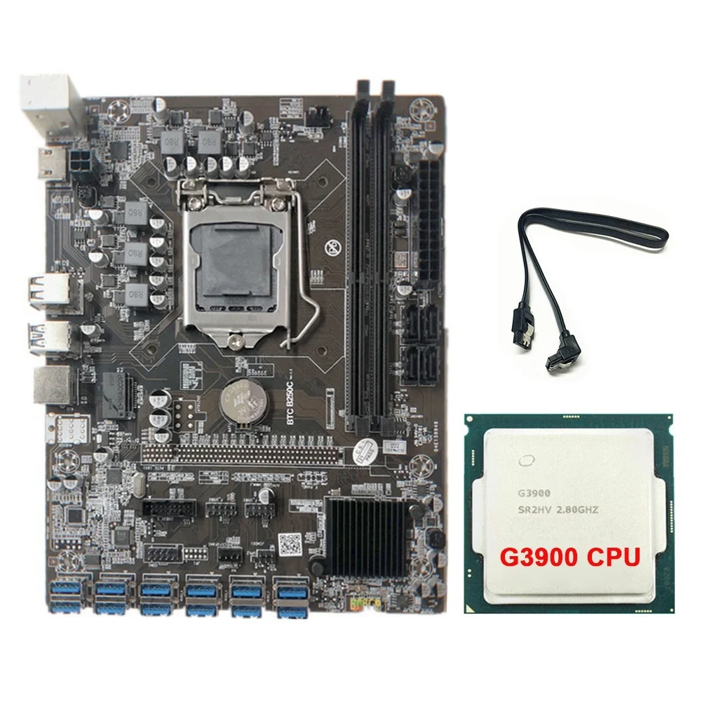 

BTC B250C Mining Motherboard with G3900 CPU+SATA Cable 12XPCIE to USB3.0 Graphics Card Slot LGA1151 Support DDR4 for BTC