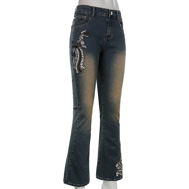 Y2k Jeans Women Grunge Fairycore Vintage Embroidered E Girl Low Waist Straight Pants Kawaii Trousers Women Harajuku Jeans Capris