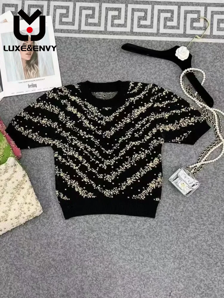 

LUXE&ENVY Spring 2023 New Heavy Industry Tweed Beaded Knitting Sleeve Slim Short Versatile Top For Women