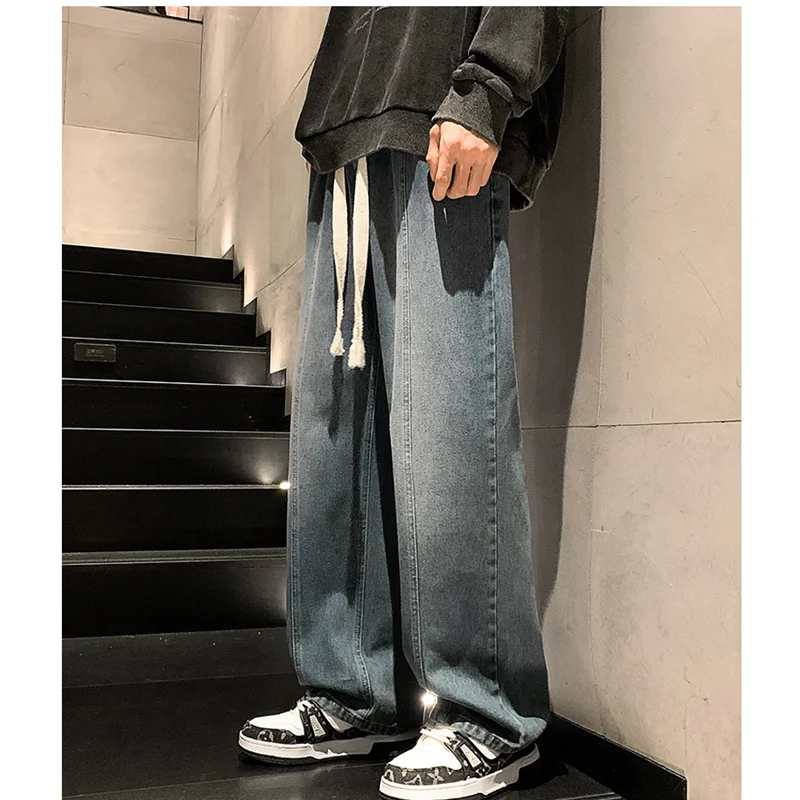 Streetwear Men 2022 Fashion New Pattern Vintage Recreational Blue Jeans Loose Straight Cylinder Broad Leg Trousers Autumn Female