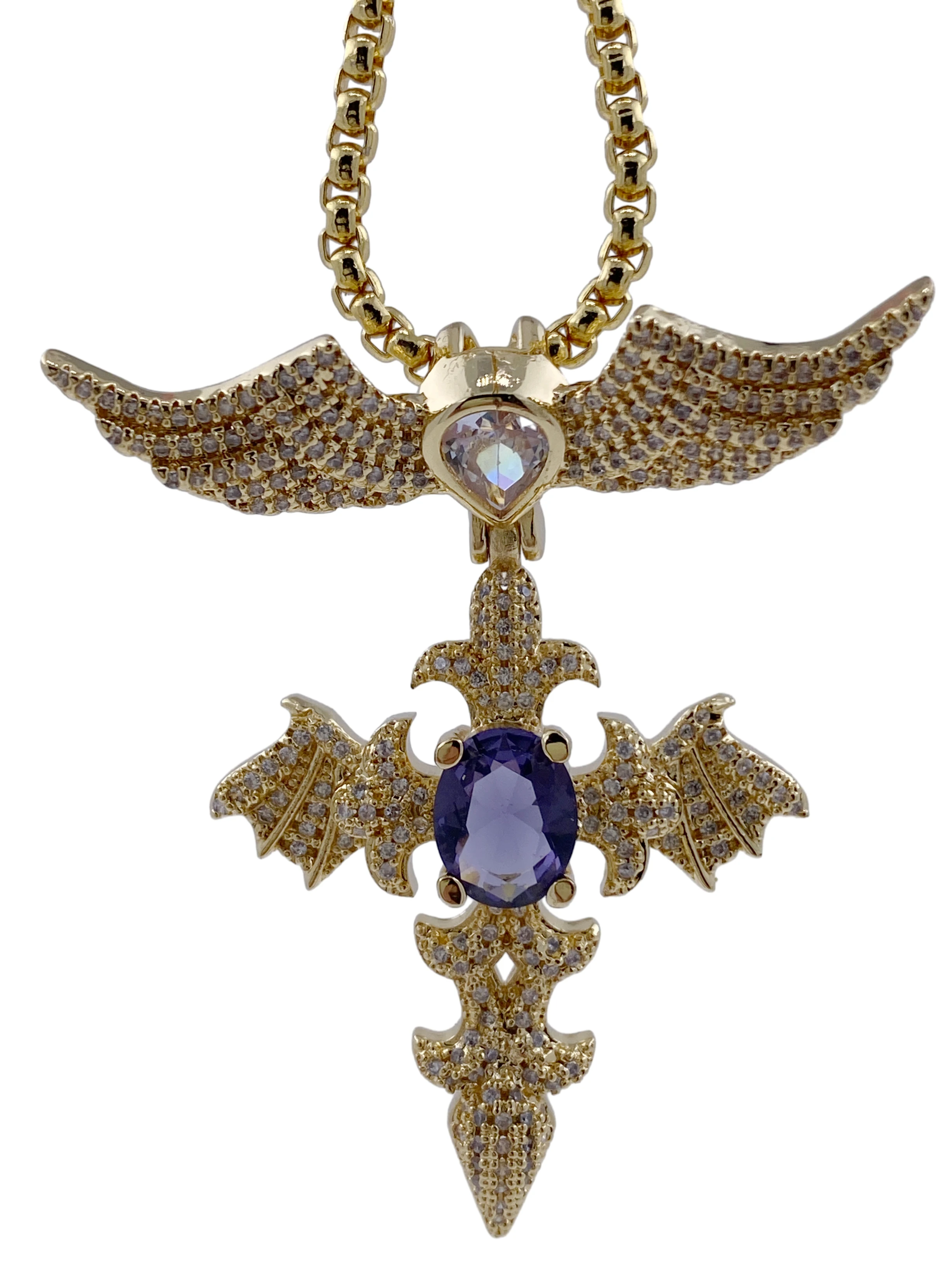 Fashion Trend Creative Hip Hop Domineering Design Double Dragon Play Bead Pendant Angel Devil Sword Necklace Jewelry Gift
