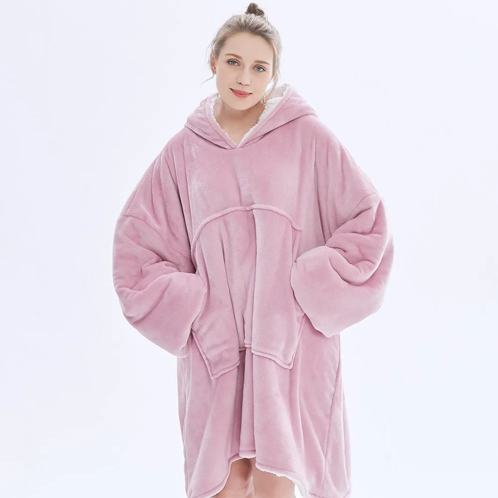 Winter Oversized Hoodies Women Fleece Warm TV Blanket with Sleeves Pocket Flannel Plush Thick Sherpa Giant Hoody Long Sweatshirt