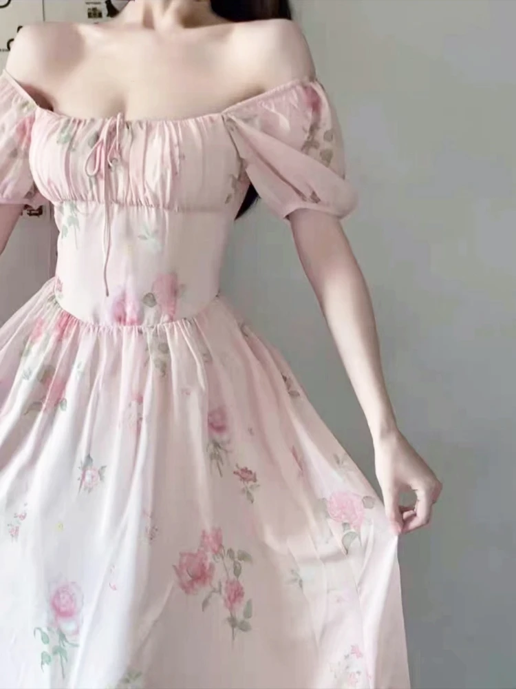 

French Pink Sweet Floral Dress Female Party Elelgant Princess Dress Vintage Causal Chiffon One Piece Dress Korean 2023 Summer
