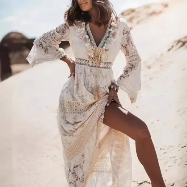 Женское ажурное платье с бахромой белое однотонное повседневное пляжное