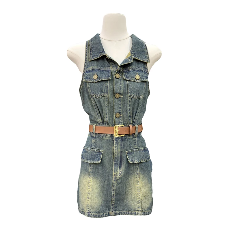 3 Lines 2024 Summer New Retro American Gyaru Slim fit Slimming Denim Sheath Cargo Dress Women Fashion