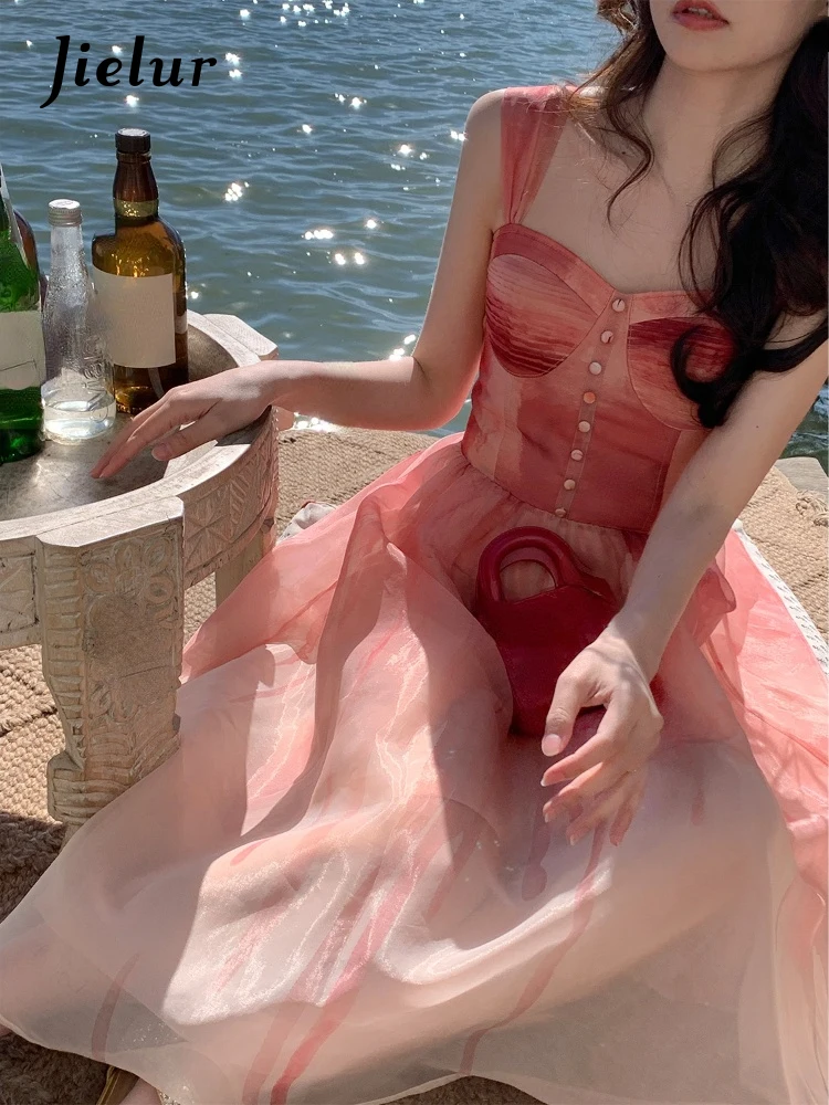

Jielur 2022 Summer Vintage Floral Dress Women Vintage Midi Strap Dress Party Beach Female Casual Elegant Fairy One Piece Dress